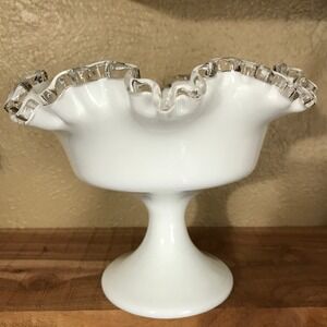 Fenton Compote White Silver Crest Ruffled Milk Glass Vintage Candy Dish MCM